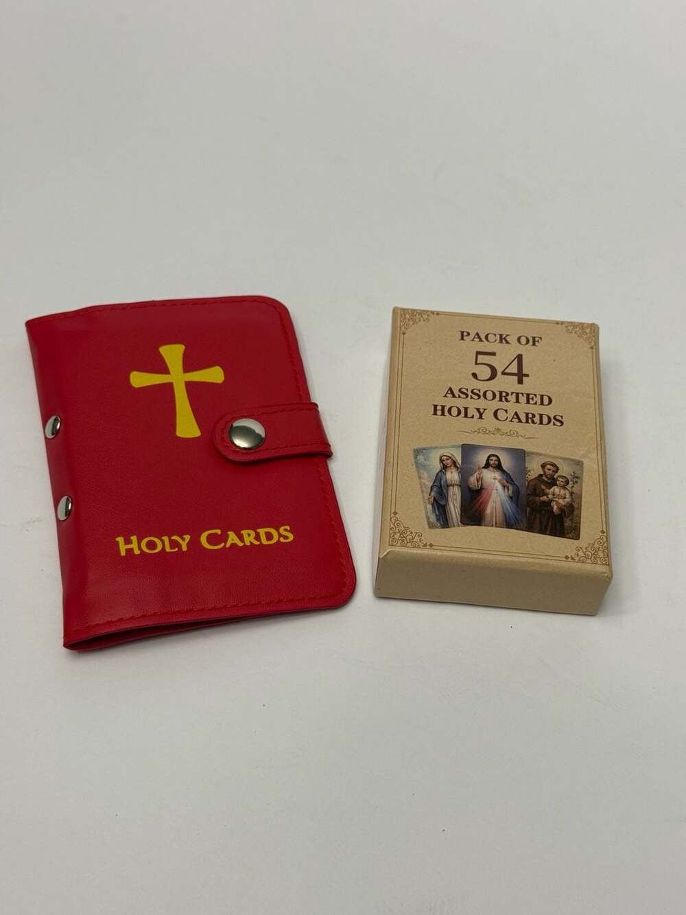 Red Faux Leather Holy Card Holder with 54 Assorted Holy Cards
